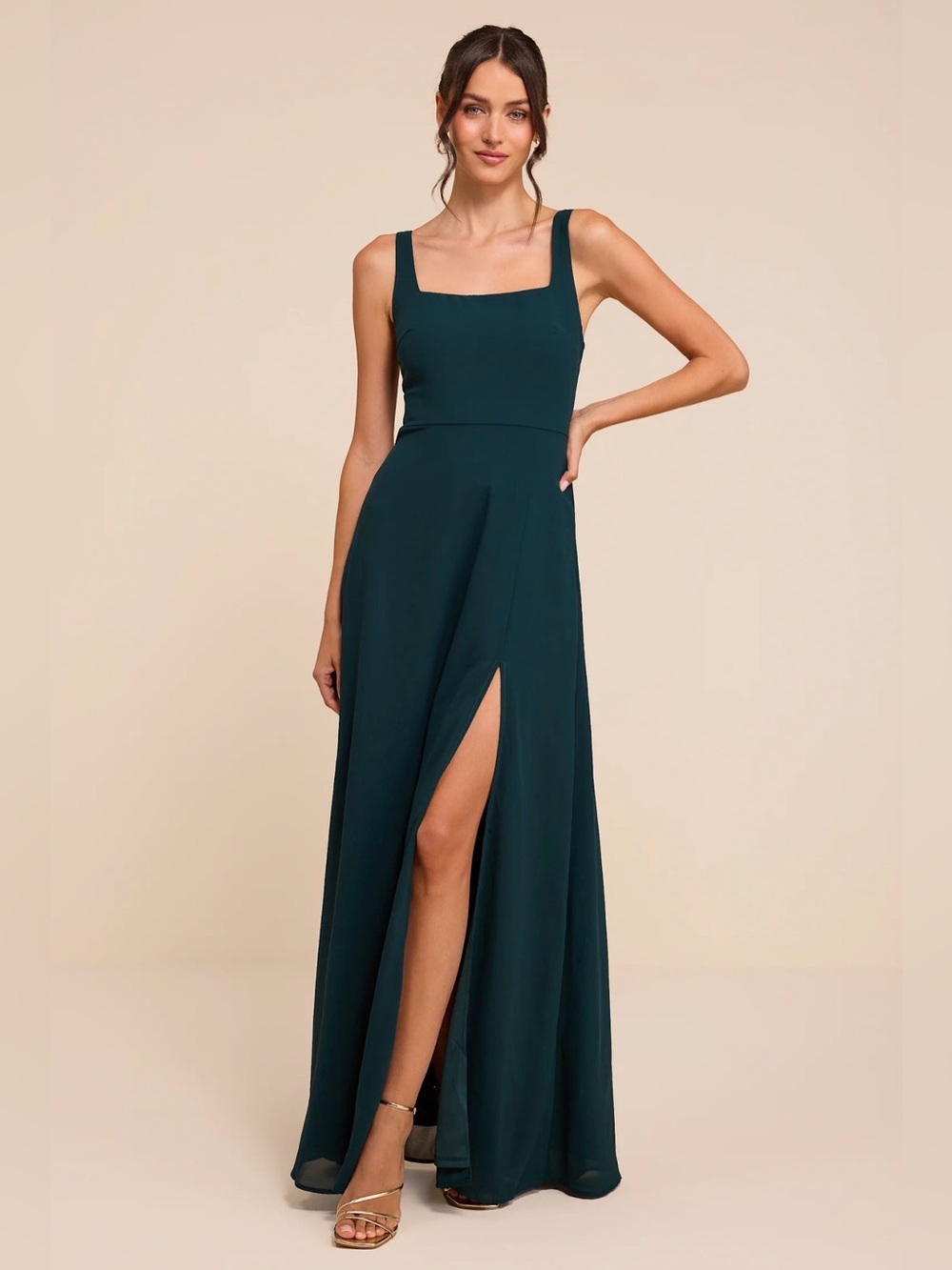 Lulu's Deep Teal Square-Neck Maxi Dress with Front Slit